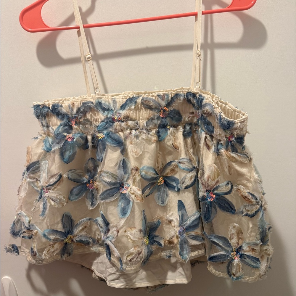 SHEIN Cream and Blue Embroidered Top